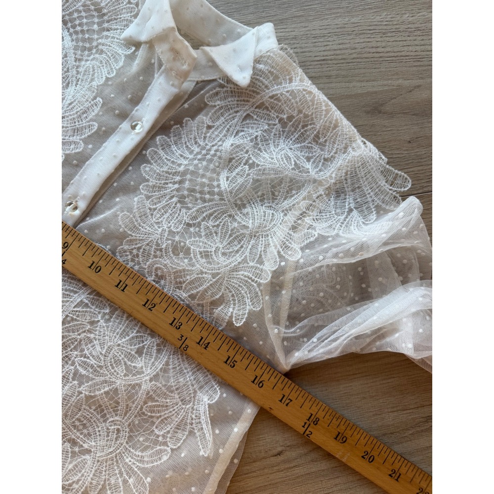 Women's White Sheer Lace Swiss Dot Blouse Small Romantic Victorian bride bridal - Picture 9 of 12